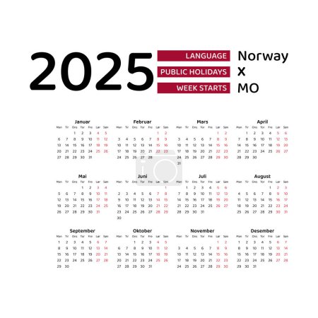 Norvège Calendrier 2025. La semaine commence lundi. Conception graphique vectorielle. Langue norvégienne.
