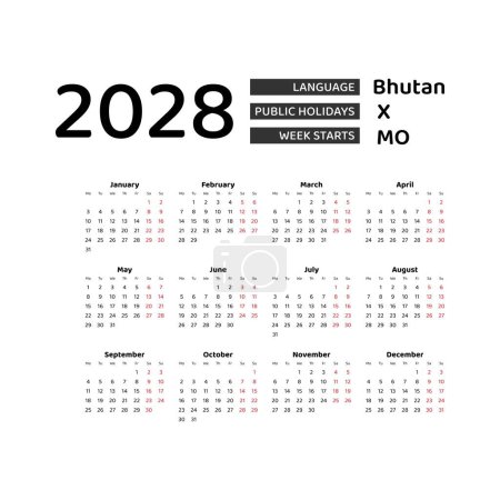 Illustration for Calendar 2028 English language with Bhutan public holidays. Week starts from Monday. Graphic design vector illustration. - Royalty Free Image