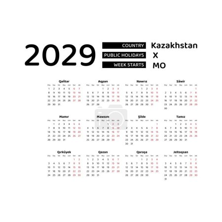 Téléchargez les illustrations : Calendrier 2029 Langue kazakhe avec jours fériés au Kazakhstan. La semaine commence lundi. Illustration vectorielle de conception graphique. - en licence libre de droit