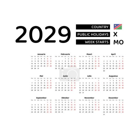 Illustration for Calendar 2029 Afrikaans language with Namibia public holidays. Week starts from Monday. Graphic design vector illustration. - Royalty Free Image