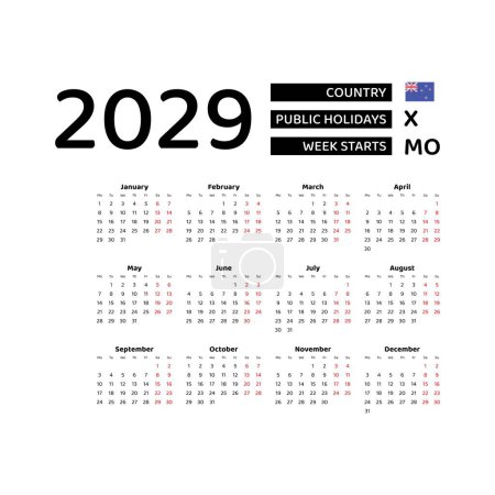 Illustration for Calendar 2029 English language with New Zealand public holidays. Week starts from Monday. Graphic design vector illustration. - Royalty Free Image