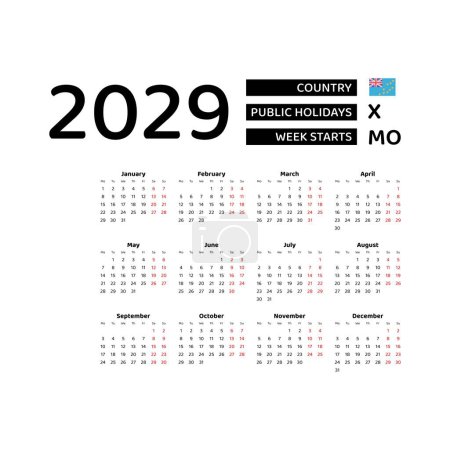Illustration for Calendar 2029 English language with Tuvalu public holidays. Week starts from Monday. Graphic design vector illustration. - Royalty Free Image