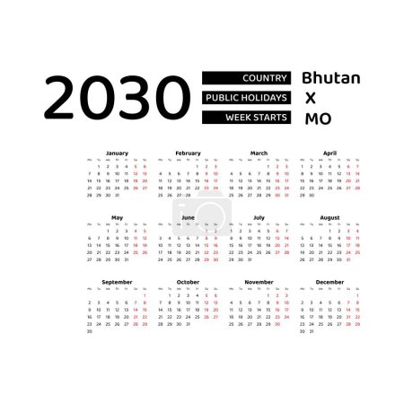 Illustration for Calendar 2030 English language with Bhutan public holidays. Week starts from Monday. Graphic design vector illustration. - Royalty Free Image