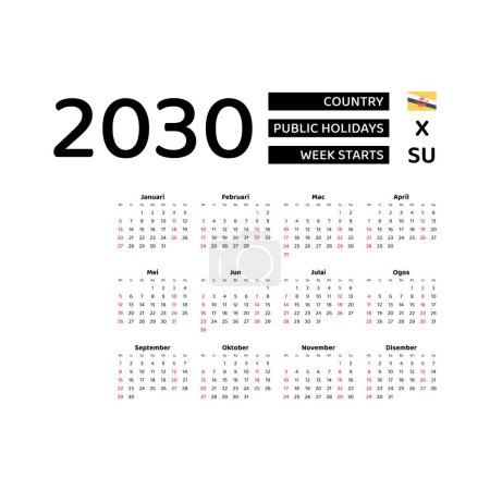 Calendario 2030 Idioma malayo con Brunei Darussalam festivos. La semana comienza el domingo. Diseño gráfico vector ilustración.