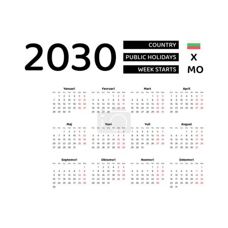 Téléchargez les illustrations : Calendrier 2030 Langue bulgare avec jours fériés en Bulgarie. La semaine commence lundi. Illustration vectorielle de conception graphique. - en licence libre de droit
