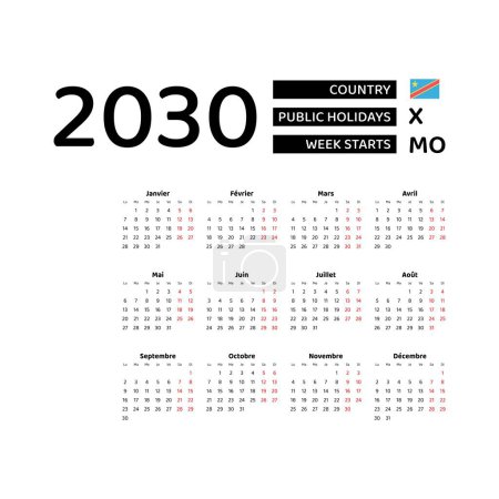 Ilustración de Calendario 2030 Idioma francés con días festivos de la República Democrática del Congo. La semana comienza el lunes. Diseño gráfico vector ilustración. - Imagen libre de derechos