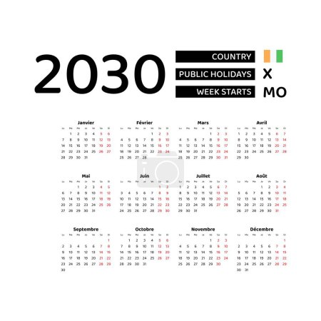 Calendario 2030 Idioma francés con días festivos de Costa de Marfil. La semana comienza el lunes. Diseño gráfico vector ilustración.