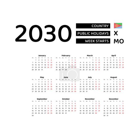Illustration for Calendar 2030 English language with Eritrea public holidays. Week starts from Monday. Graphic design vector illustration. - Royalty Free Image