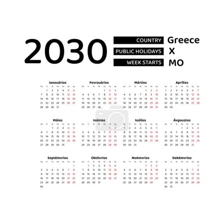 Calendar 2030 Greek language with Greece public holidays. Week starts from Monday. Graphic design vector illustration.