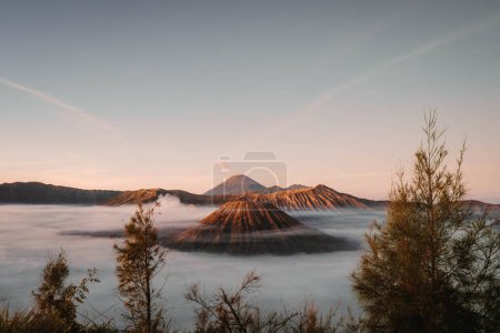 Foto de Sunrise at Gunung Bromo or Bromo Mountain which is covered by clouds and Semeru Mountain as the background with clear sky - Imagen libre de derechos