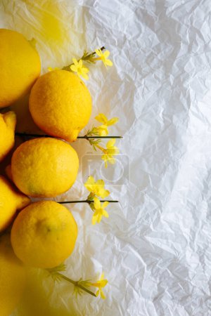 vista superior sobre jugosa decoración de limón y flores amarillas