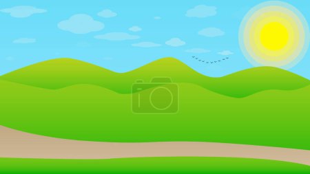 Flat Summer landscape illustration nature background with, hills, sun and sky. Rural cartoon Landscape scenery - travel and relax concept.