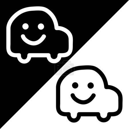 Waze Vector icon, Outline style, isolated on Black and White Background.