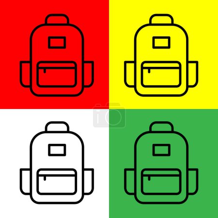 Ilustración de Icono del vector de la mochila, estilo de esquema, de alojamiento y colección de iconos del hotel, aislado en fondo rojo, amarillo, verde y blanco. - Imagen libre de derechos