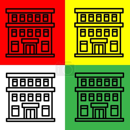 Ilustración de Icono del vector del hotel, estilo de esquema, de alojamiento y colección de iconos del hotel, aislado en fondo rojo, amarillo, verde y blanco. - Imagen libre de derechos