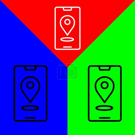 Ilustración de Icono del vector GPS, estilo del esquema, aislado en fondo rojo, azul y verde. - Imagen libre de derechos