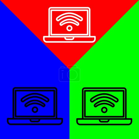 Ilustración de Icono del vector del ordenador portátil, estilo del esquema, aislado en fondo rojo, azul y verde. - Imagen libre de derechos