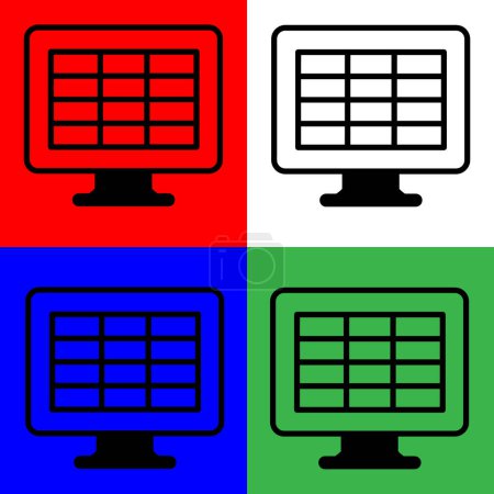spreadsheet, computer screen, financial accounting report, Vector Icon, Lineal style, from accounting icons collection, isolated on white, Green, Blue and Red Background.