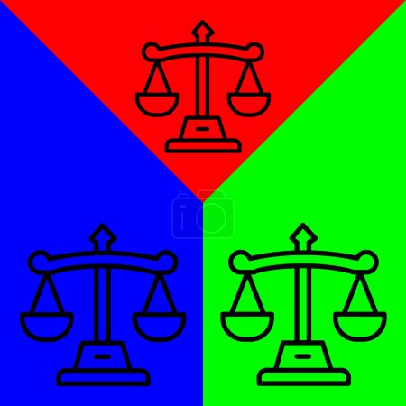 Icône vectorielle échelle de justice, style linéaire, de la collection d'icônes comptables, isolé sur fond vert, bleu et rouge.