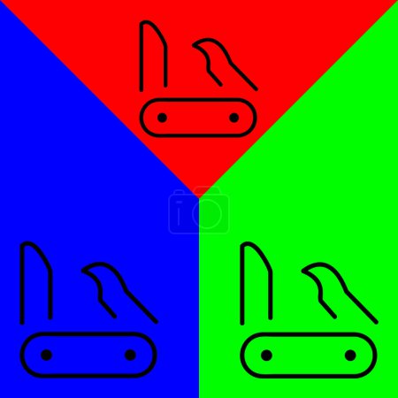 Téléchargez les illustrations : Couteau suisse Vector Icon, icône de style contour, de la collection d'icônes Adventure, isolé sur fond rouge, bleu et vert. - en licence libre de droit