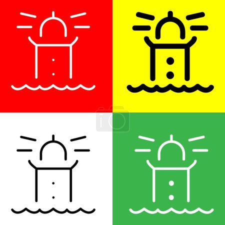 Téléchargez les illustrations : Icône vectorielle du phare, icône de style contour, de la collection d'icônes Adventure, isolée sur fond rouge, jaune, blanc et vert. - en licence libre de droit