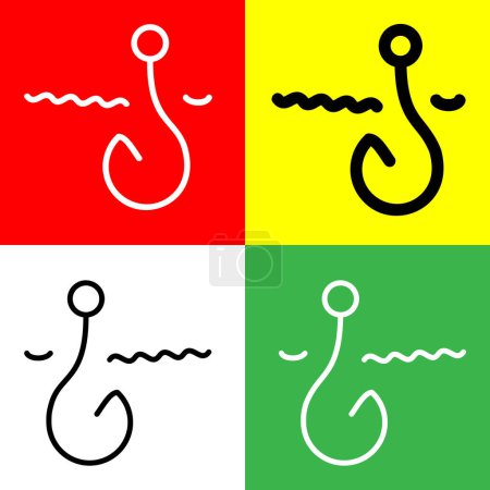 Téléchargez les illustrations : Icône vectorielle de pêche, icône de style contour, de la collection d'icônes d'aventure, isolé sur fond rouge, jaune, blanc et vert. - en licence libre de droit