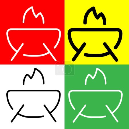 Téléchargez les illustrations : Icône vectorielle BBQ, icône de style contour, de la collection d'icônes Adventure, isolée sur fond rouge, jaune, blanc et vert. - en licence libre de droit