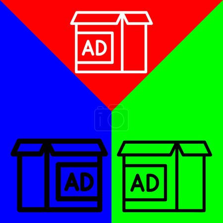 Ilustración de Icono de vector de caja o caja de anuncios, icono de estilo de esquema, de la colección de iconos de publicidad, aislado en fondo rojo azul y verde. - Imagen libre de derechos
