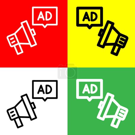 Ilustración de Icono vectorial de megáfono, icono de estilo de esquema, de la colección de iconos de publicidad, aislado en fondo rojo, amarillo, verde y blanco. - Imagen libre de derechos