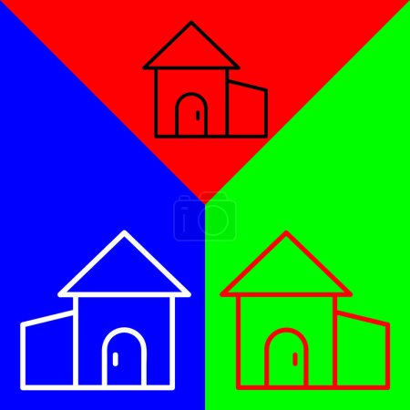 Téléchargez les illustrations : Icône vectorielle de maison, icône de style linéaire, de la collection d'icônes de l'agriculture, isolée sur fond rouge, bleu et vert. - en licence libre de droit