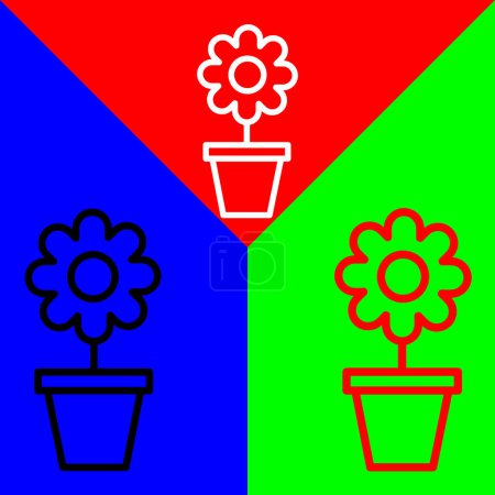 Téléchargez les illustrations : Icône vectorielle en pot de fleurs, icône de style linéaire, de la collection d'icônes Agriculture, isolée sur fond rouge, bleu et vert. - en licence libre de droit