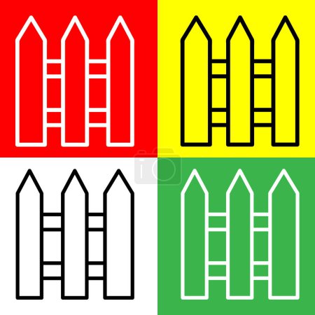 Téléchargez les illustrations : Icône vectorielle de clôture, icône de style linéaire, de la collection d'icônes de l'agriculture, isolée sur fond rouge, jaune, blanc et vert. - en licence libre de droit