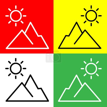 Téléchargez les illustrations : Icône vectorielle de montagne, icône de style linéaire, de la collection d'icônes de l'agriculture, isolée sur fond rouge, jaune, blanc et vert. - en licence libre de droit