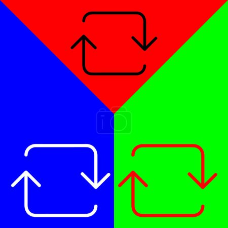 Repetir, Loop or Refresh Vector Icon, icono de estilo Lineal, de la colección de iconos de flechas Chevrons and Directions, aislado en fondo rojo, azul y verde.