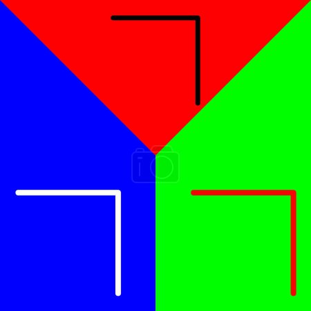 Chevron, Icono de esquina derecha Icono vectorial, Icono de estilo lineal, de la colección de iconos Flechas Chevrons and Directions, aislado en fondo rojo, azul y verde.