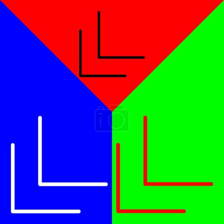 Links doppelte Abwärtsecke Vector Icon, lineares Stilsymbol, aus der Arrows Chevrons and Directions Icons Sammlung, isoliert auf rotem, blauem und grünem Hintergrund.