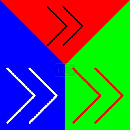 doppelter rechter Pfeil, vorwärts, nächstes Vektor-Symbol, lineares Stil-Symbol, aus der Arrows Chevrons and Directions-Iconsammlung, isoliert auf rotem, blauem und grünem Hintergrund.