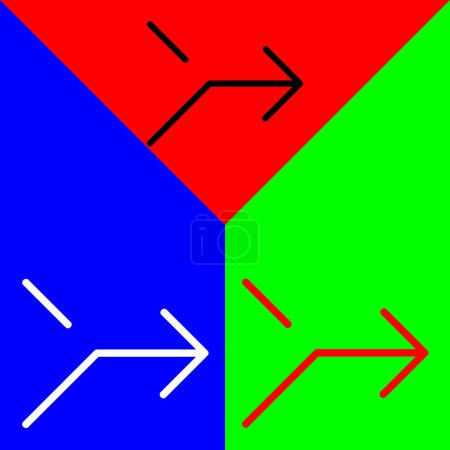 Zusammenführen rechts Vektor-Symbol, lineares Stil-Symbol, aus Pfeilen Chevrons und Wegbeschreibung Symbole Sammlung, isoliert auf rotem, blauem und grünem Hintergrund.