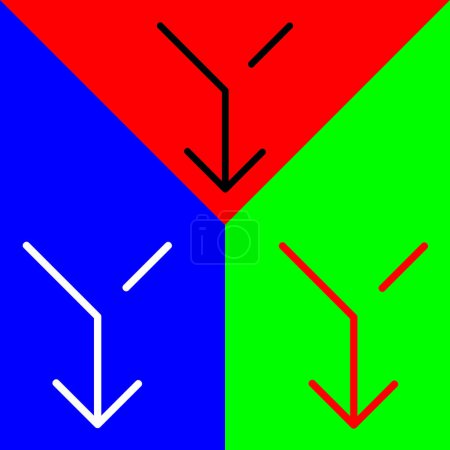 Zusammenführen von Vector Icon, linearem Stilsymbol, aus der Arrows Chevrons and Directions Icons Sammlung, isoliert auf rotem, blauem und grünem Hintergrund.