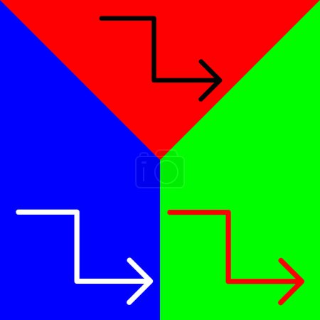 Zick-Zack-Pfeil Vector Icon, lineares Stil-Symbol, aus der Arrows Chevrons and Directions Icons Sammlung, isoliert auf rotem, blauem und grünem Hintergrund.