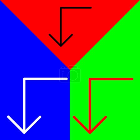 Ilustración de Gire a la izquierda hacia abajo flecha Vector Icono, icono de estilo Lineal, de la colección de iconos de flechas Chevrons and Directions, aislado en fondo rojo, azul y verde. - Imagen libre de derechos