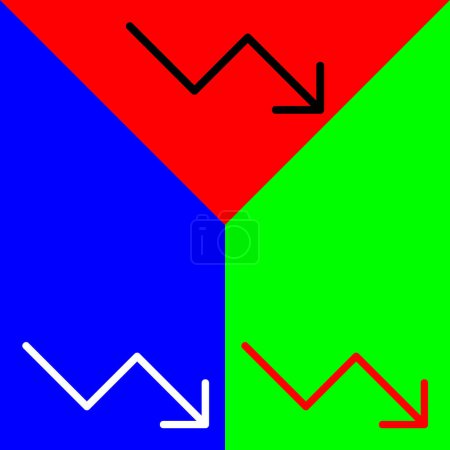 Tendencia hacia abajo, Gráfico, crisis, caída icono del vector, icono de estilo lineal, de la colección de iconos de flechas Chevrons and Directions, aislado en fondo rojo, azul y verde.