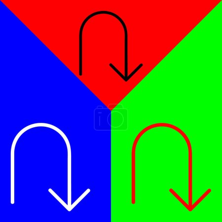 U-Turn Vector Icon, Lineal style icon, from Arrows Chevrons and Directions icons collection, isolated on Red, Blue and Green Background.