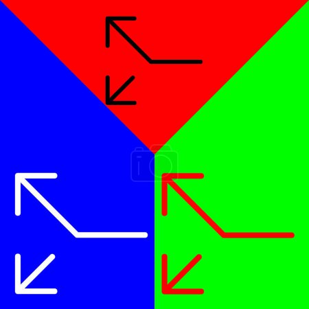 Divisé, en haut à gauche et en bas à gauche flèche de la route Icône vectorielle, icône de style linéaire, de la collection des icônes des flèches Chevrons et directions, isolé sur fond rouge, bleu et vert.