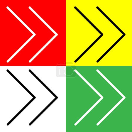 doppelter rechter Pfeil, vorwärts, nächstes Vektor-Symbol, lineares Stil-Symbol, aus der Arrows Chevrons and Directions Icon Collection, isoliert auf rotem, gelbem, weißem und grünem Hintergrund.