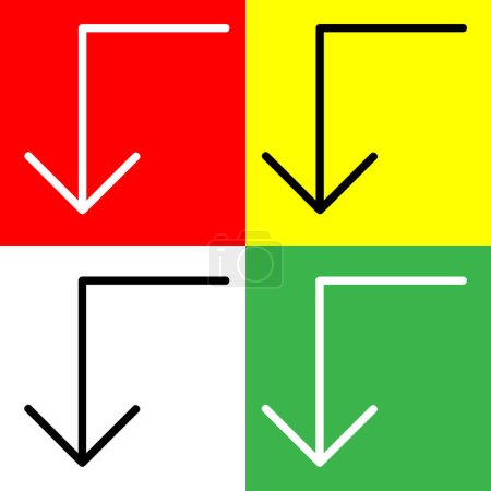Gire a la izquierda hacia abajo flecha Vector Icono, icono de estilo Lineal, de la colección de iconos de flechas Chevrons and Directions, aislado en fondo rojo, amarillo, blanco y verde.