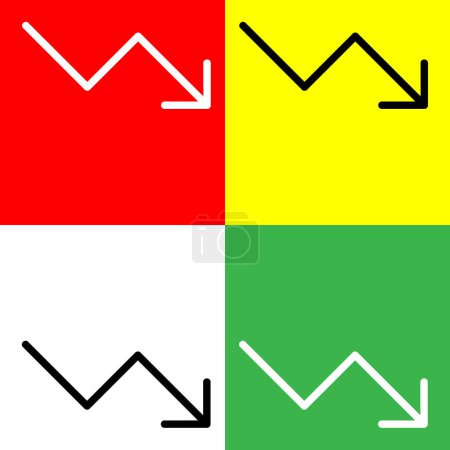 Tendencia hacia abajo, Gráfico, crisis, caída icono del vector, icono de estilo lineal, de la colección de iconos de flechas Chevrons and Directions, aislado en fondo rojo, amarillo, blanco y verde.