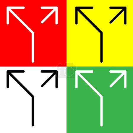 Icône vectorielle divisée ou bidirectionnelle, icône de style linéaire, de la collection d'icônes des flèches Chevrons et directions, isolée sur fond rouge, jaune, blanc et vert.