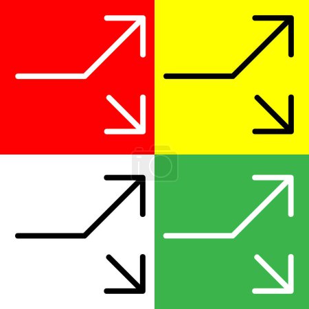 Split, nach oben rechts und unten rechts Pfeil Vector Icon, Lineal-Stil-Symbol, aus Arrows Chevrons and Directions icons collection, isoliert auf rotem, gelbem, weißem und grünem Hintergrund.