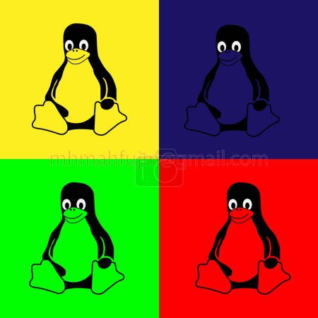Linux vector icon. Linux logo on Red, Green, Yellow and Blue Background.
